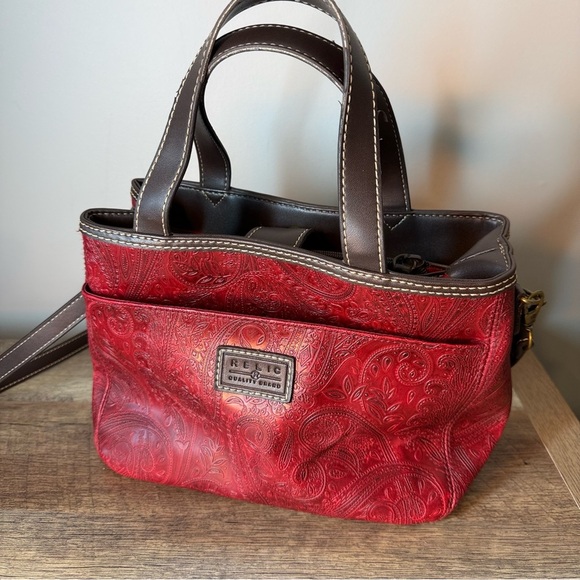 RELIC Red Paisley Embossed Satchel Brown Crossbody Strap Boston Bag Tooled - Picture 6 of 14